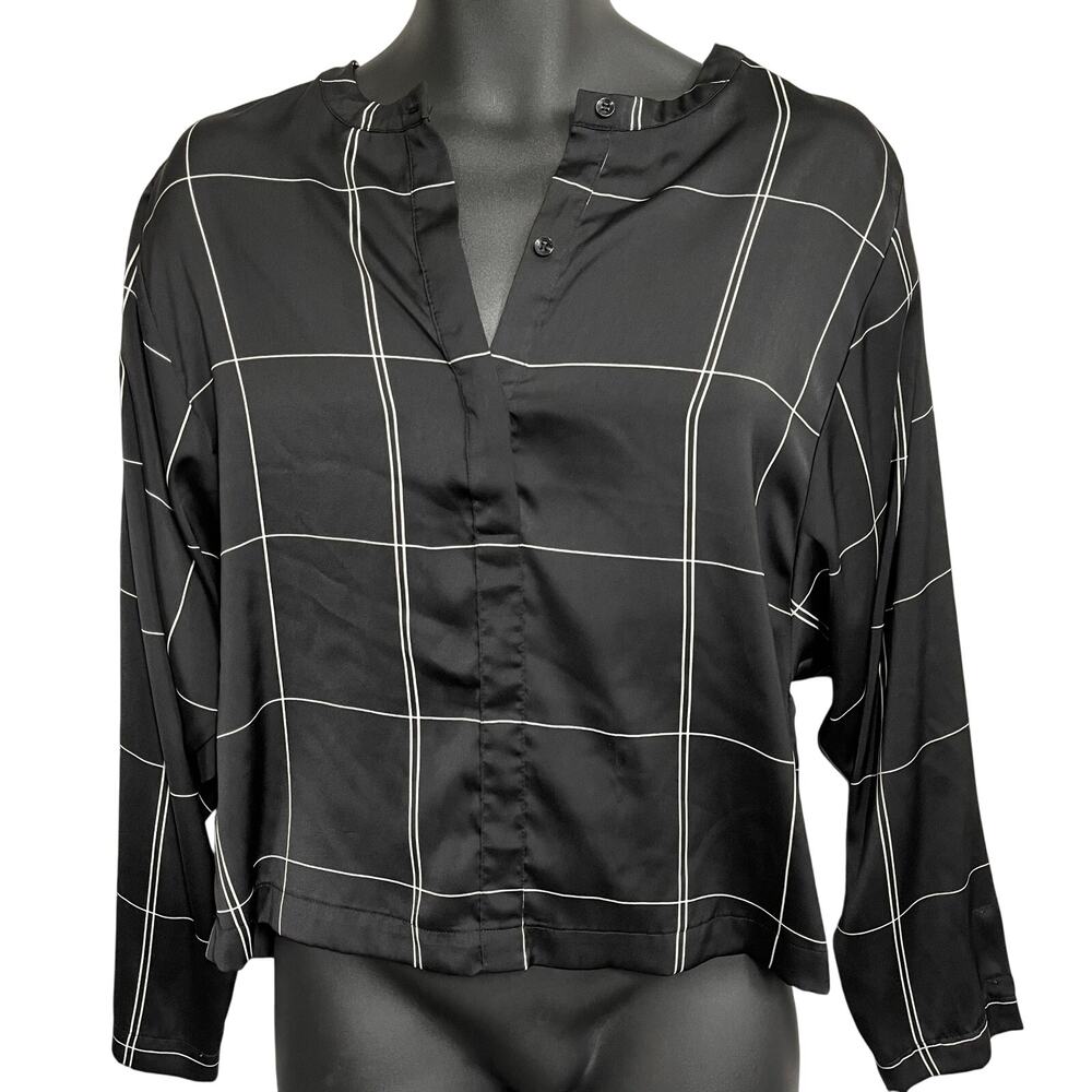 HM Button Up Blouse Women 8 Black Minimalist Plaid Office Blouse Long Sleeves